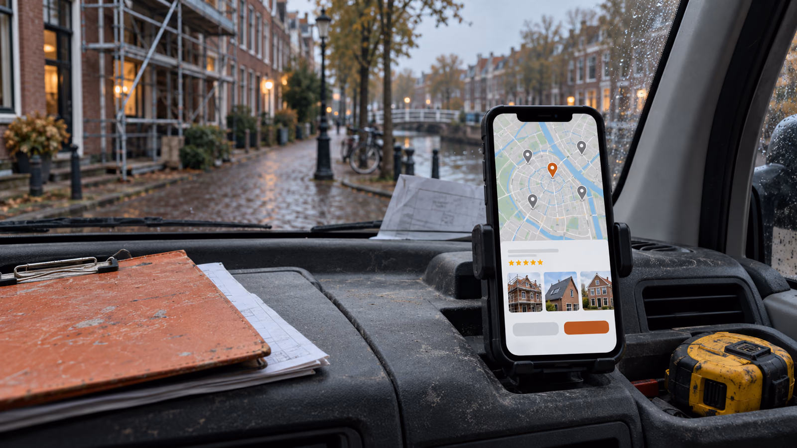 aannemer gevonden in de regio via een kaart met locaties op een telefoon in een bedrijfsbus