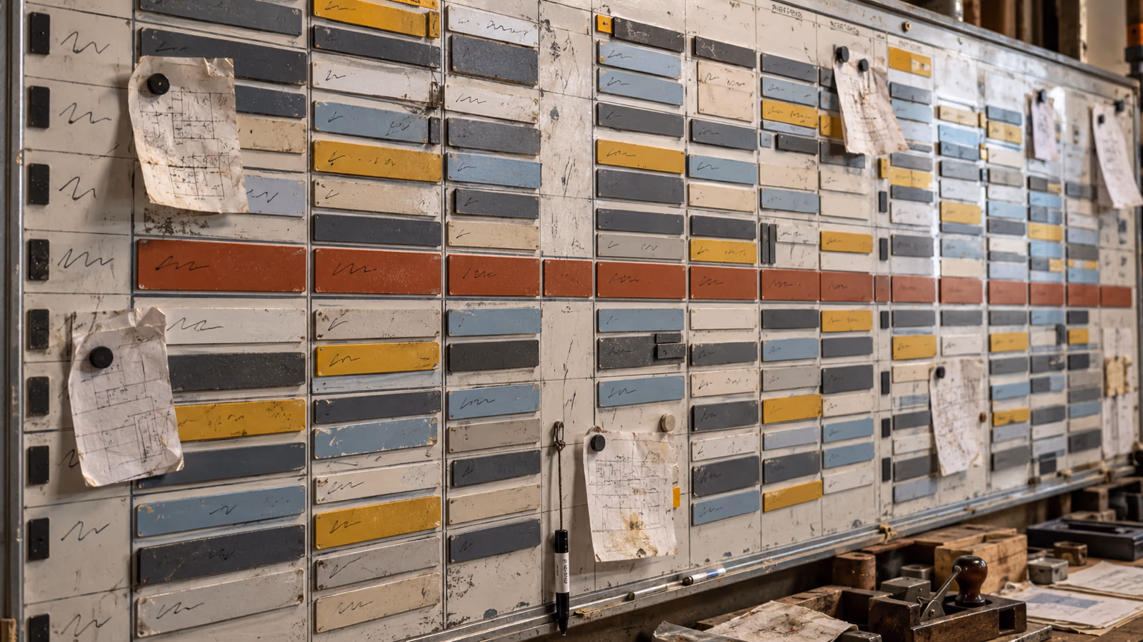aannemer met een volle planning: een magnetisch planbord in een werkplaats dat helemaal vol zit