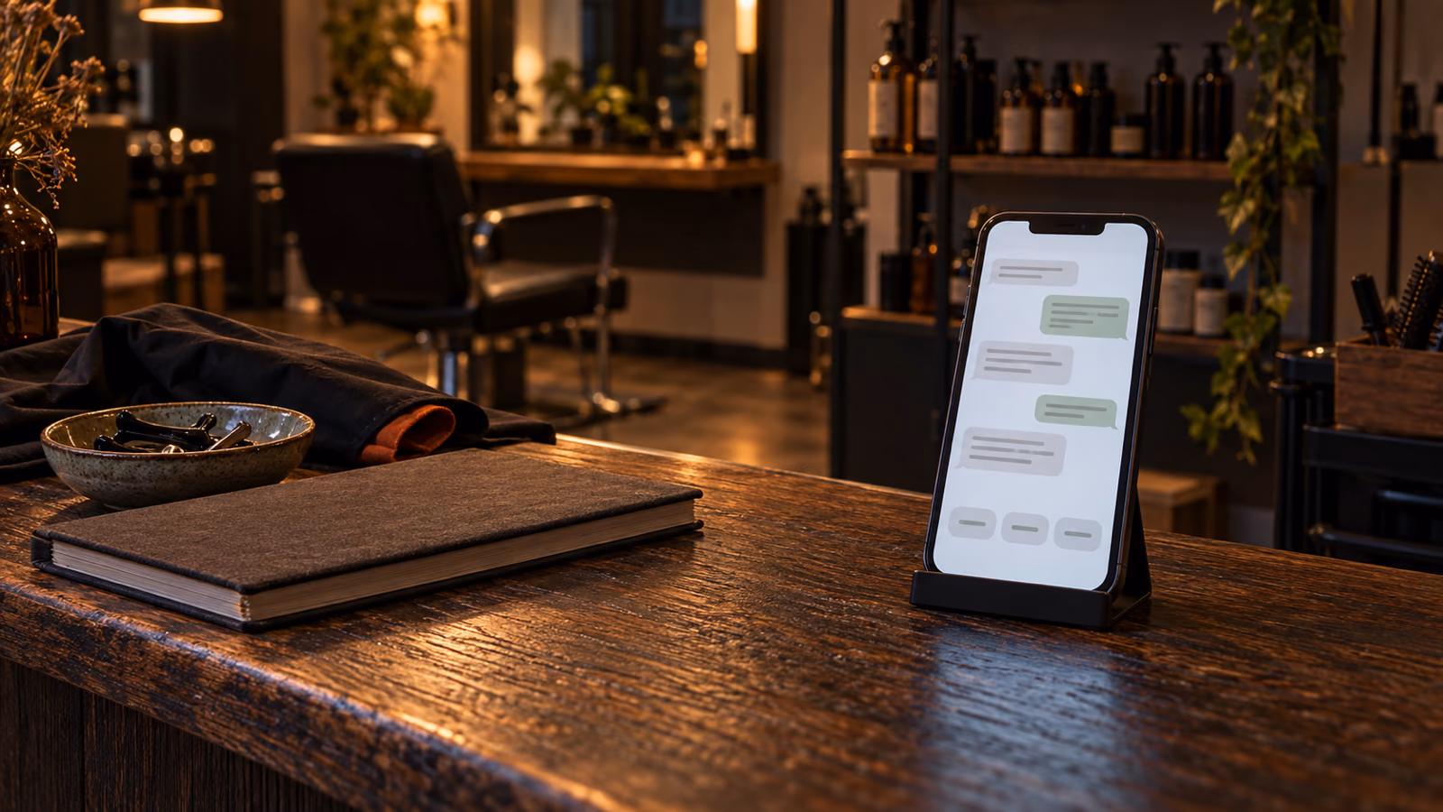 afspraken plannen via whatsapp: een telefoon op de balie van een kapsalon met een WhatsApp-gesprek waarin de klant een tijd kiest