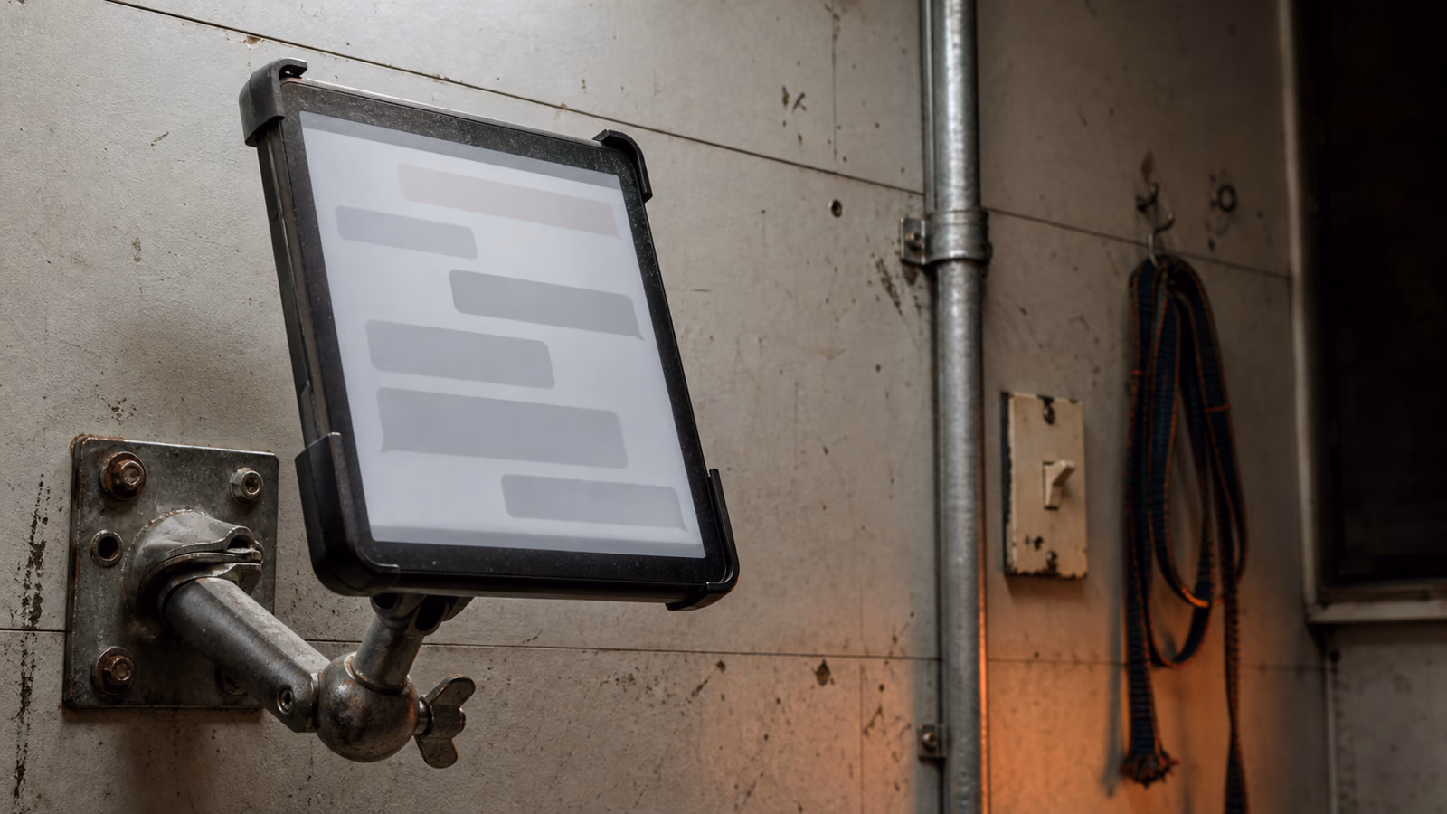 tablet in een muurbeugel in een bouwkeet met een gesprek in beeld