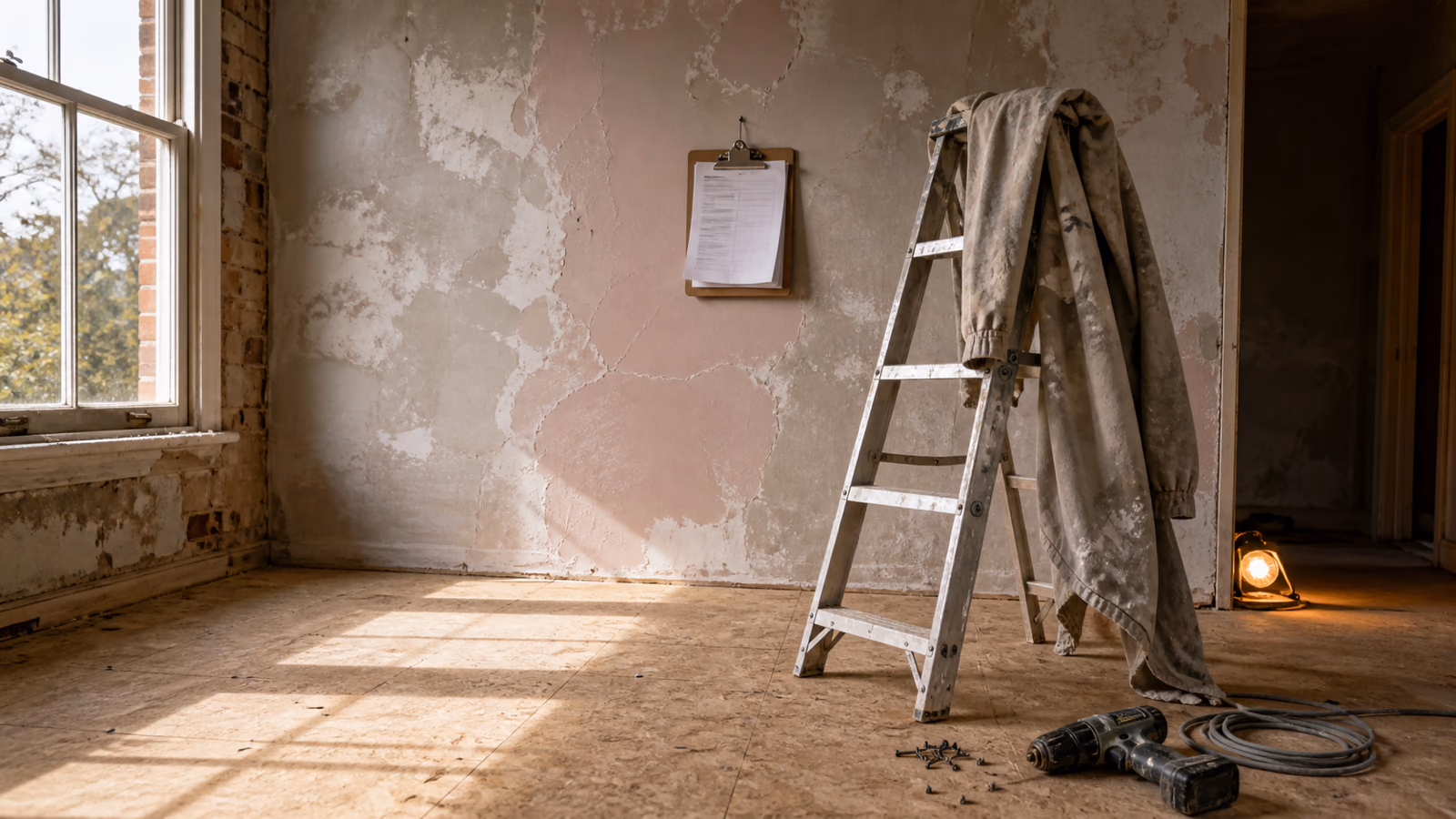 half gerenoveerde woonkamer met een klembord aan de muur