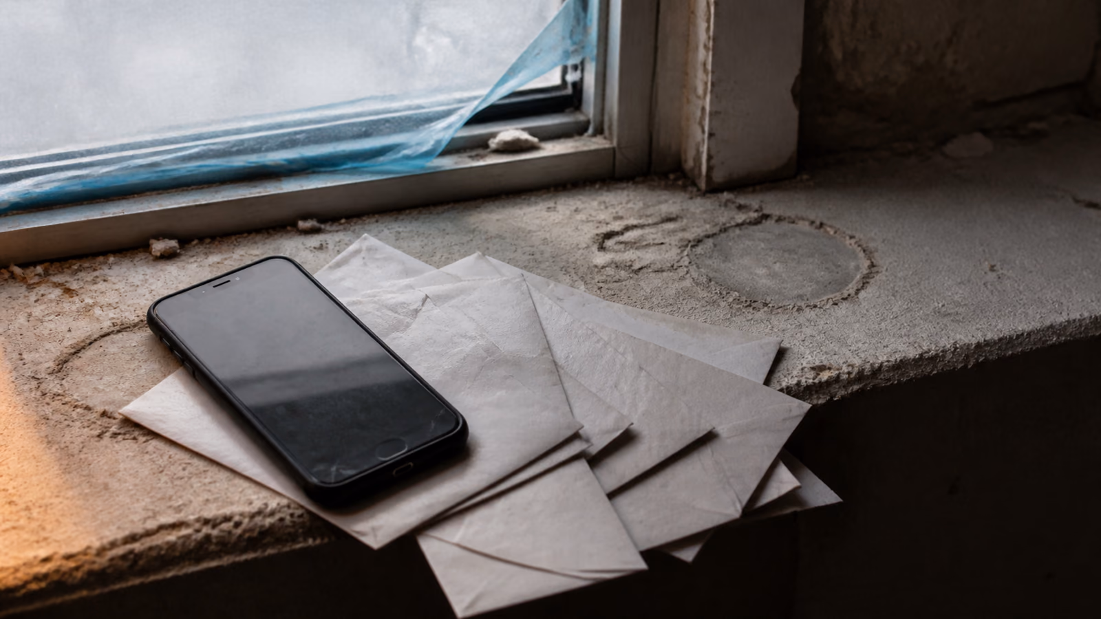 telefoon op een vensterbank tussen ongeopende post in een verbouwing