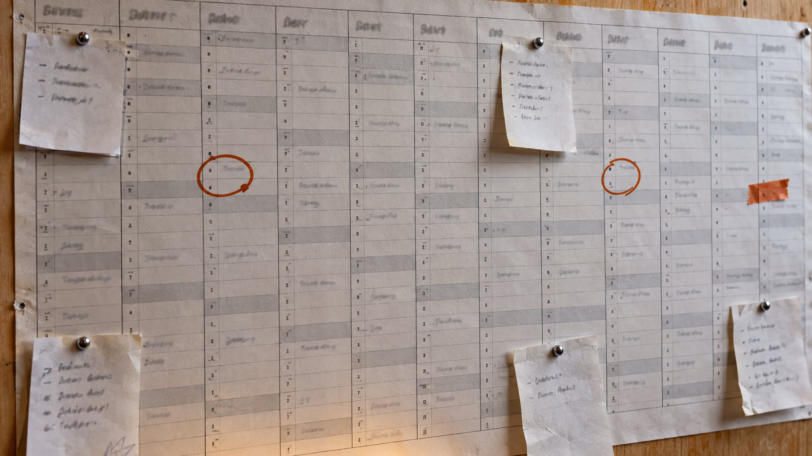 ai-omnibus tijdlijn: een papieren jaarplanner met omcirkelde data in augustus en december