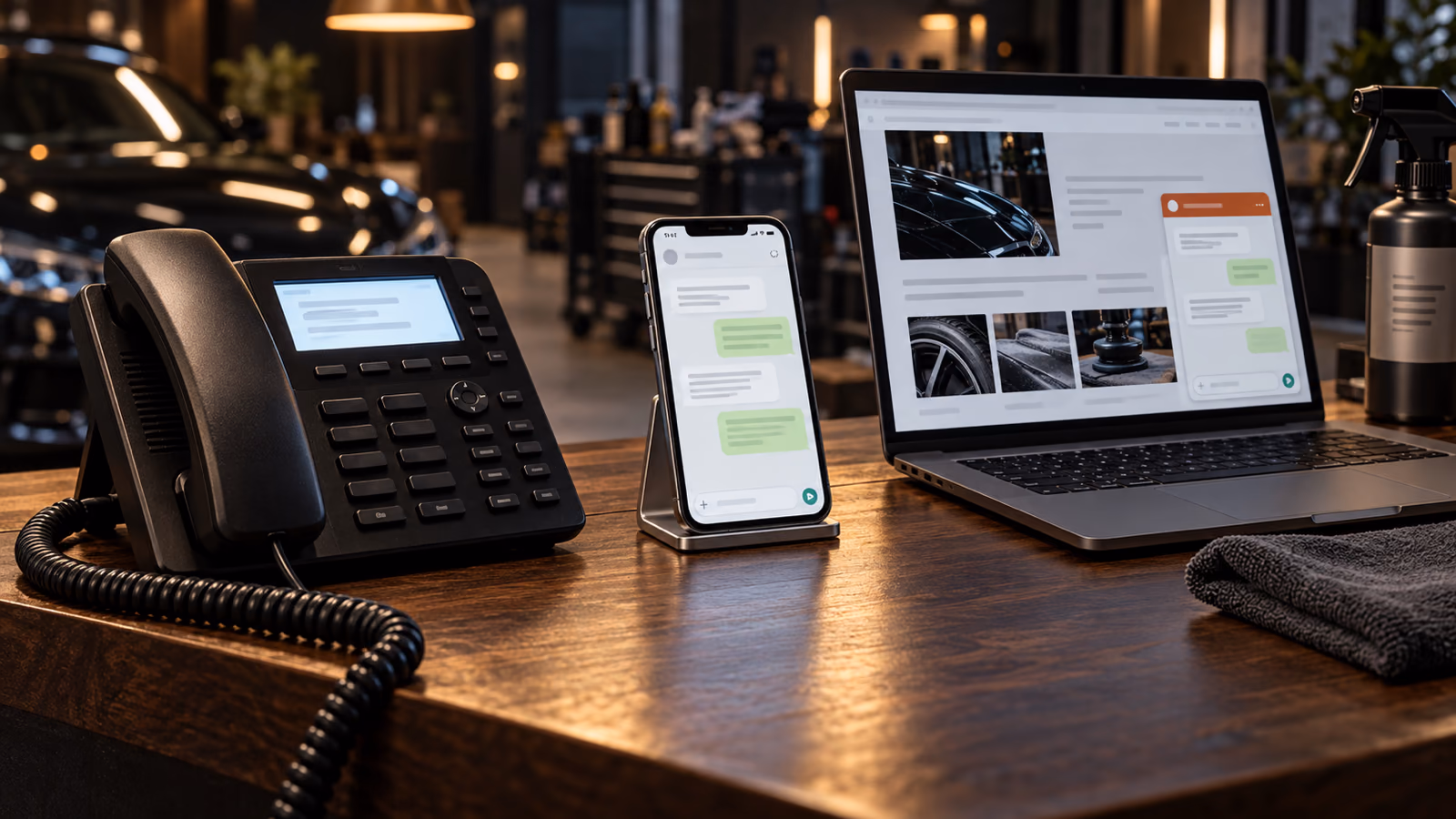 chatbot melding per kanaal: een telefoon, een berichtenapp en een websitechat op een balie
