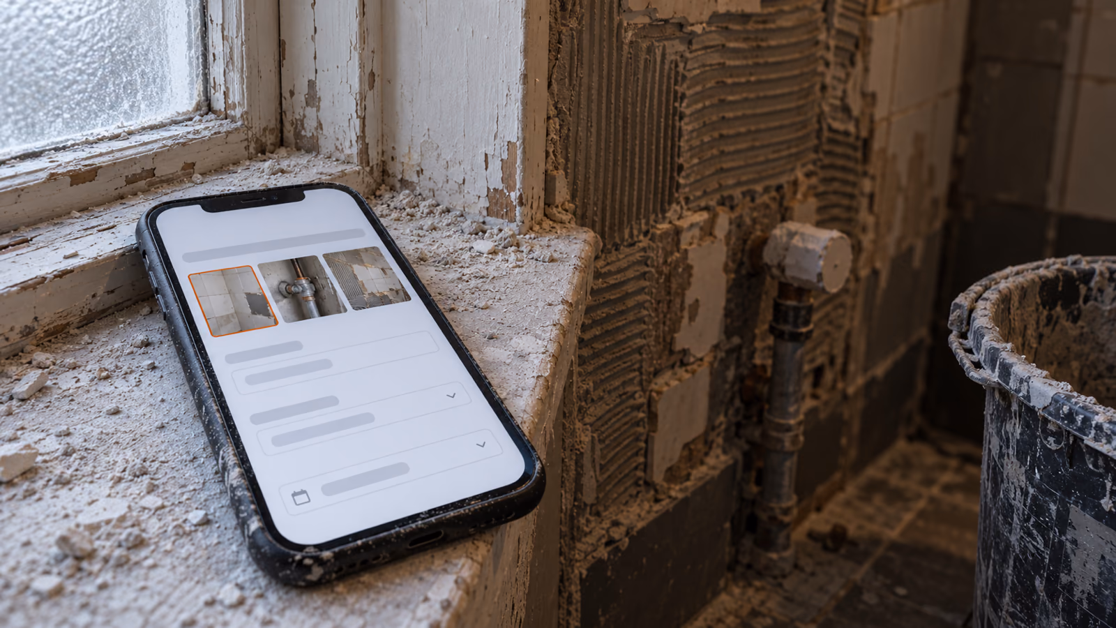 offerte aanvraag met foto's op een telefoon in een badkamer in verbouwing