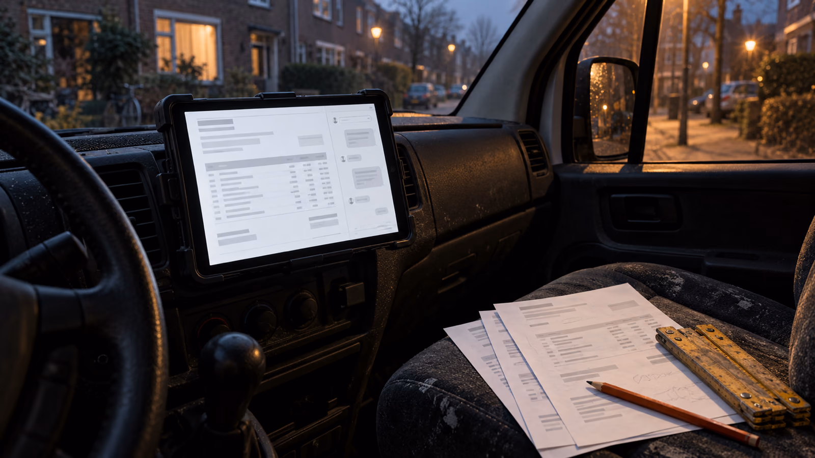 offerte maken met ai: een tablet in een bedrijfsbus met een conceptofferte en een assistent in beeld, naast uitgeprinte offertes en een duimstok