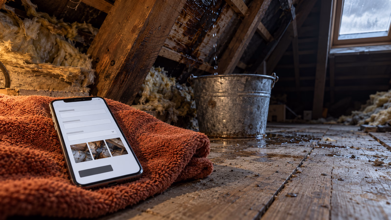 offerteformulier met foto-upload op een telefoon op een zolder met een lekkend dak