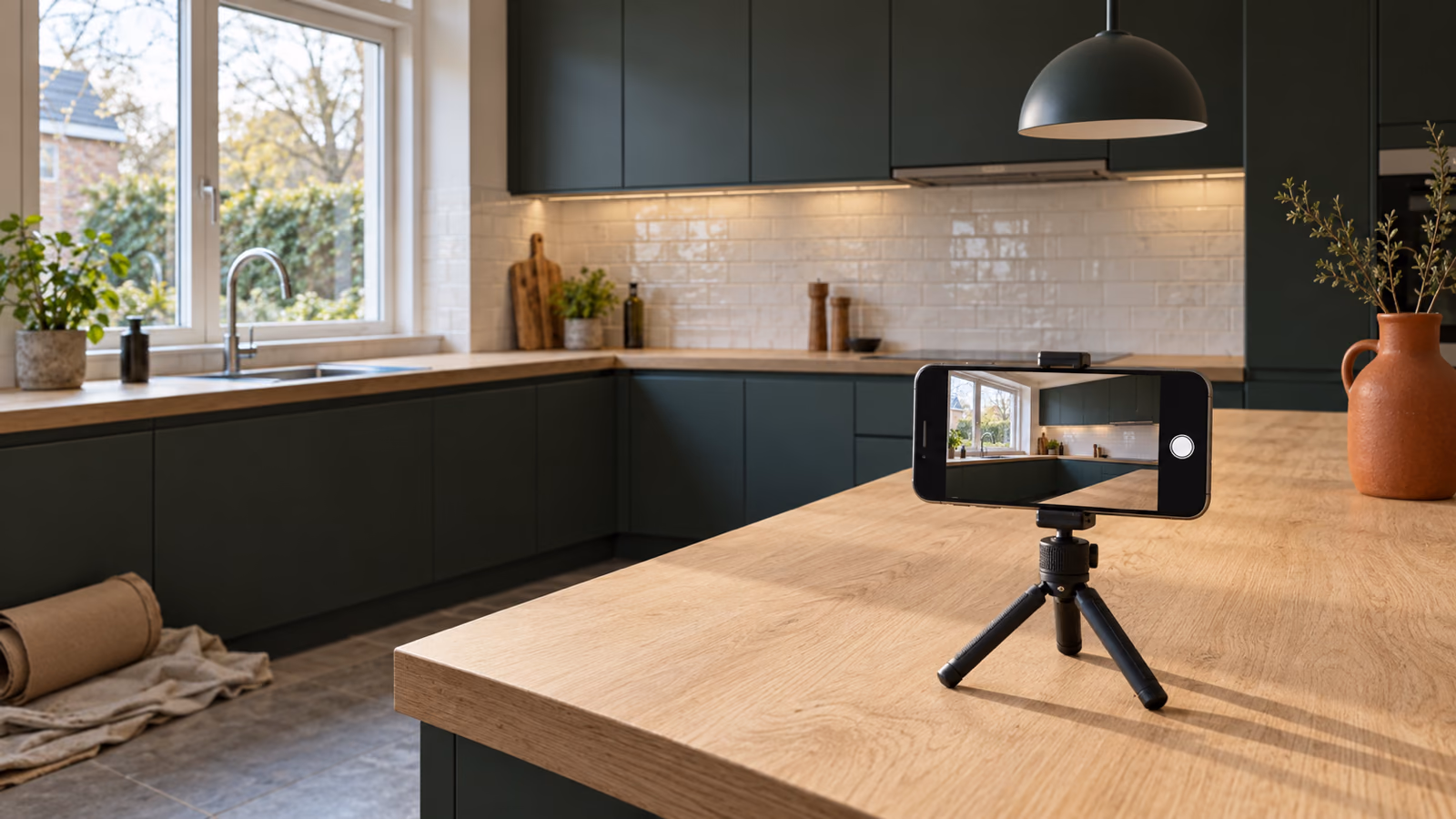 projecten op de website van een aannemer: een telefoon op een statief fotografeert een opgeleverde keuken