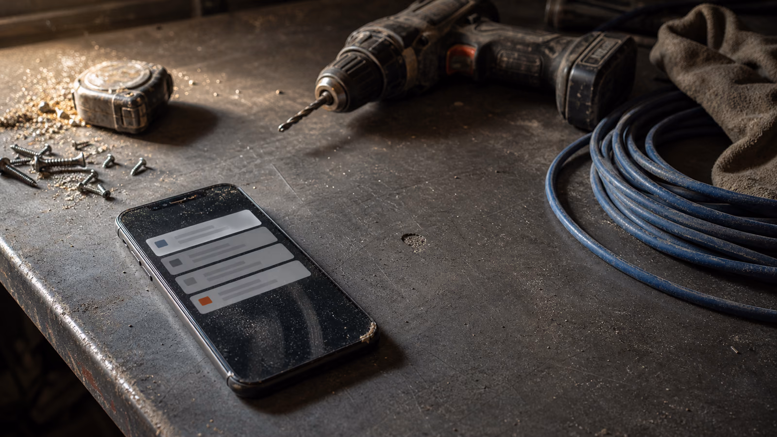telefoon met onbeantwoorde meldingen op een werkbank vol gereedschap