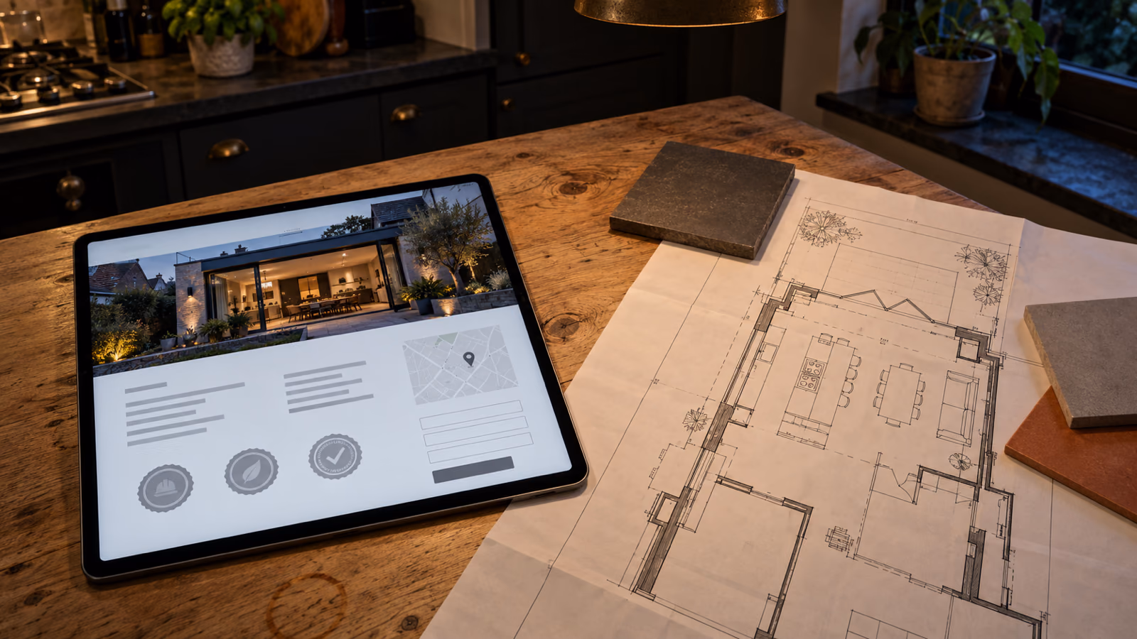 website bouwbedrijf op een tablet aan de keukentafel naast een bouwtekening en tegelmonsters