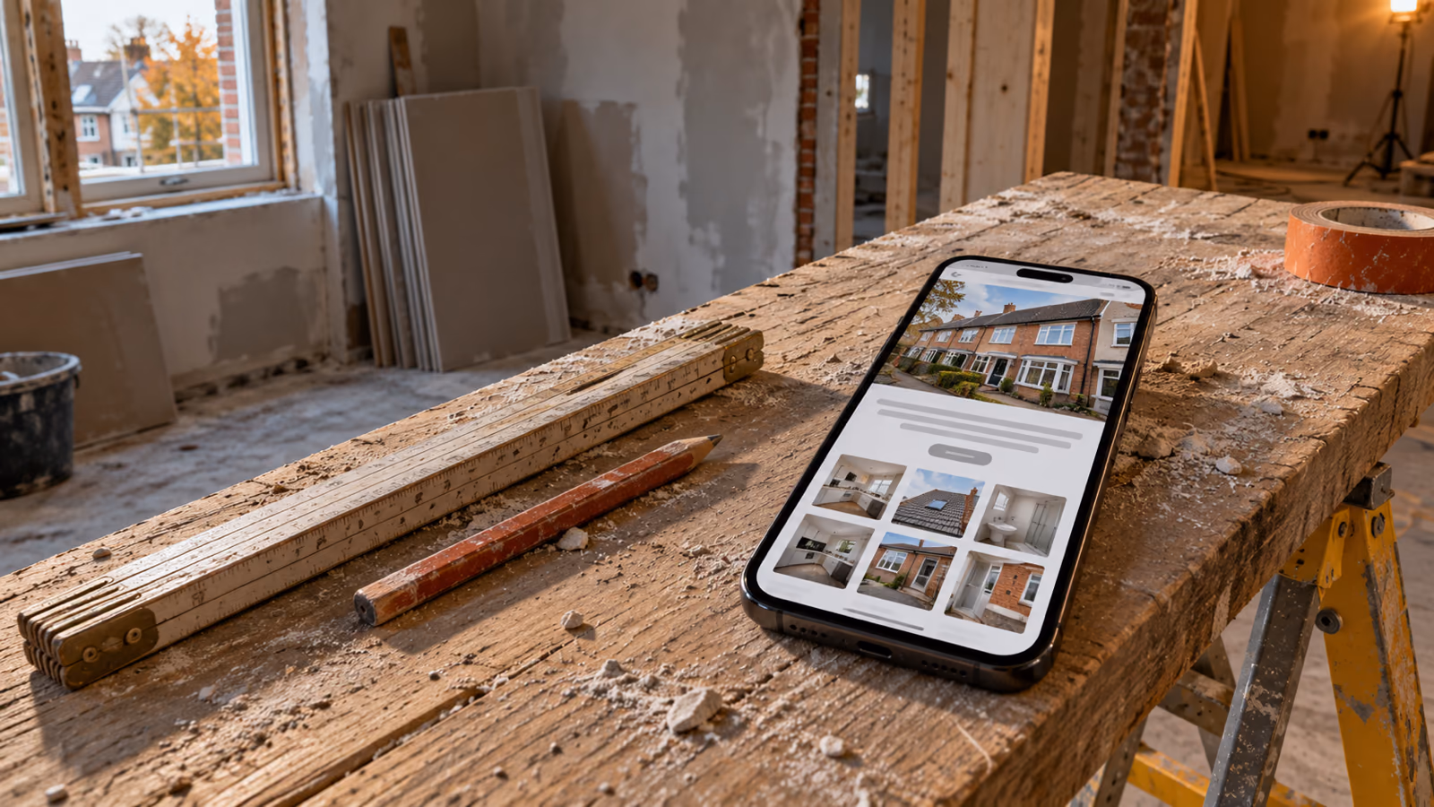 website bouwbedrijf: een telefoon op een schraagplank in een verbouwing met de website van een bouwbedrijf en projectfoto's op het scherm